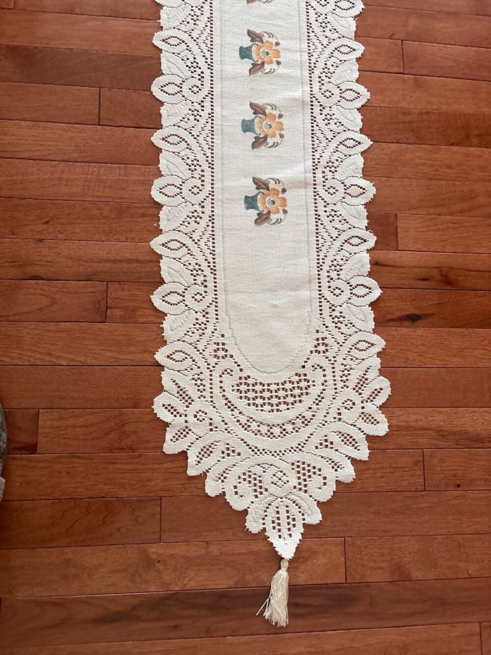 Floral Embroidered Lace Table Runner Tassel Trim 13x70" Cream Orange Accents